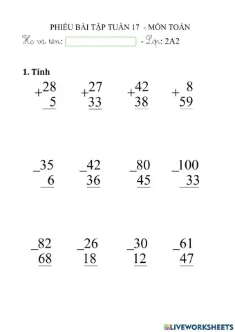 Phiếu Bài Tập Toán Tuần 17