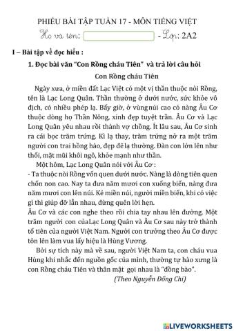 Phiếu Bài Tập Tiếng Việt - Tuần 17