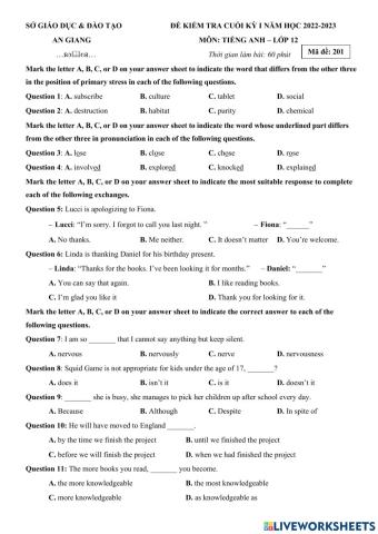Đề thi cuối kỳ 1 - năm học 22-23