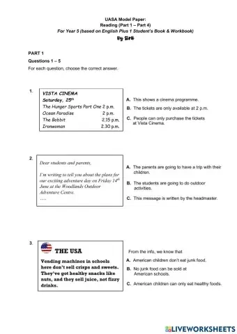 UASA Reading Sample Paper for Year 5