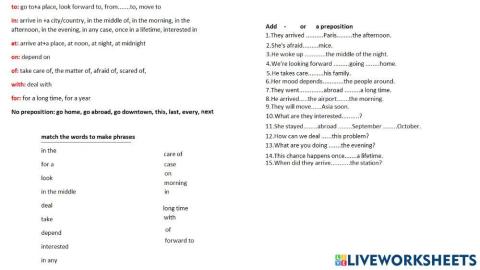 Prepositions:in, on, at, for, of, with