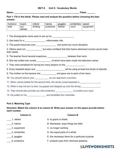 Unit 5: Vocabulary words M2-7-8