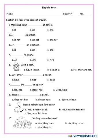 4th grade English test