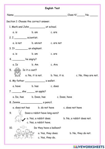 4th grade English test