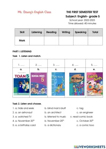 End of Term Test - Semester 1 - Grade 5