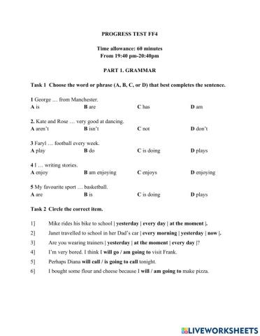 Progress Test FF4-Vocab and Grammar