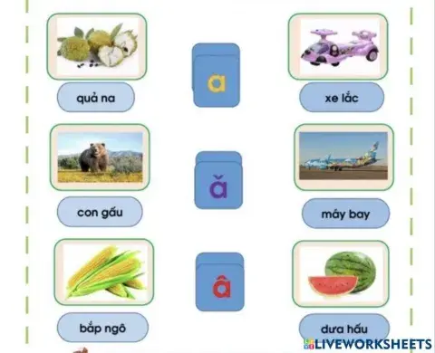 Bé quan sát các từ trong hình ảnh và xem các từ nào có chứa các chữ cái a , ă, â thì nối vào chữ cái a, ă, â vào giữa cho đúng nhé: