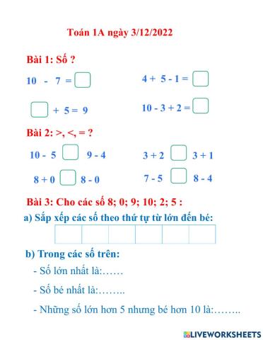 Ôn cộng trừ phạm vi 10