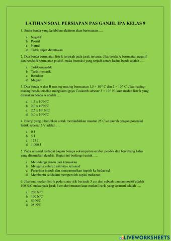 Latihan Soal Persiapan PAS IPA Kelas 9 Semester Ganjil
