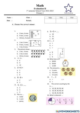 P1 Math Evaluation 2 Semester 1 test