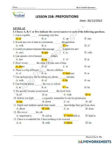 Lesson 25B - 2k8 - Prepositions-Homework