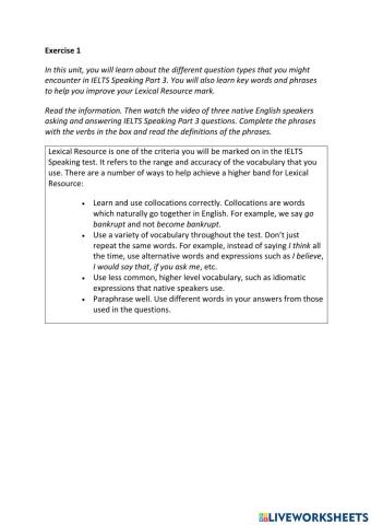 IE3, Unit 4, Speaking, Exercise 1