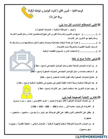 ورقة عمل مهارات رقمية 2م الوحدة الثانية درس2