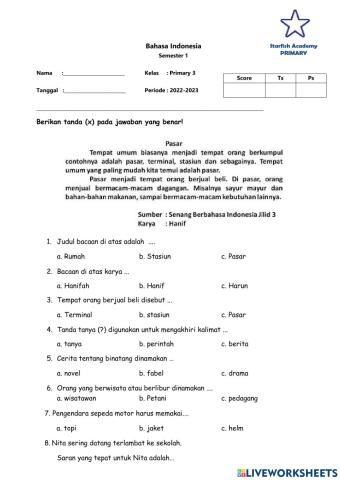 P3 Bahasa Indonesia Evaluation 2 semester 1