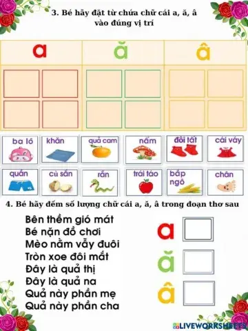 Bé hãy chọn và đếm số lượng chữ cái a, ă, â