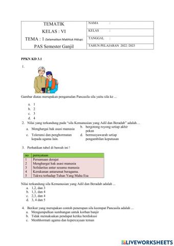 Soal PAS PKN Kelas 6 Tema 1 Semester 1