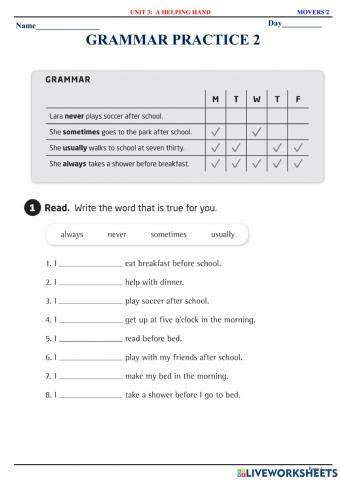 Movers 2 - U3 - Grammar Practice 2