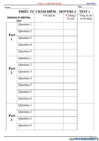 Movers 2 - U3 - Test 1 - Reading & Writing - PHIẾU CHẤM ĐIỂM THI
