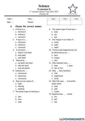 P3 Science Semester 1 Test