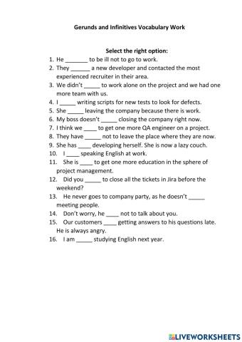 Gerunds and Infintives Vocabulary Work