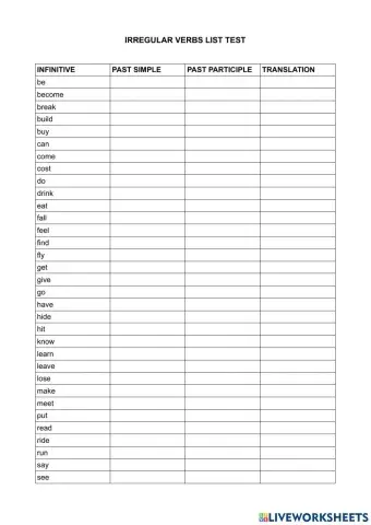 Irregular verbs list exam (catalán)