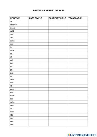 Irregular verbs list exam (catalán)