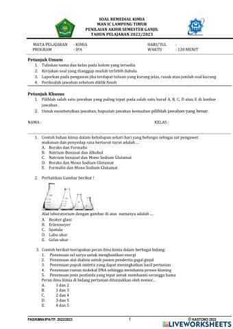 Soal Remedial KImia Kelas XI MIPA