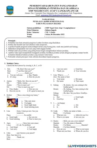 Soal PAS Bahasa Inggris Kelas 7