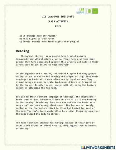 Reading activity - animal rights