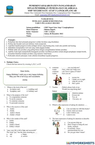 Soal PAS Bahasa Inggris Kelas 8