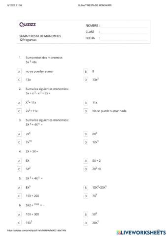Suma y Resta de Monomios