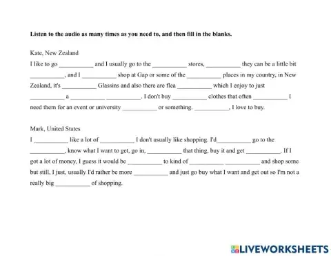 Shopping 1-6 ppl Feelings about Shopping Dictation Exercise