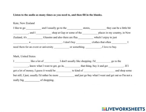 Shopping 1-6 ppl Feelings about Shopping Dictation Exercise