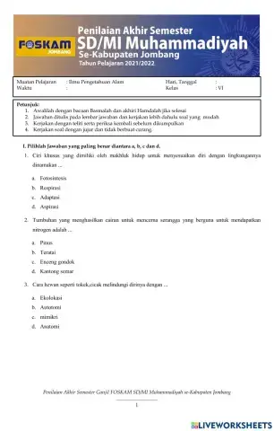 PAS Tema 2 muatan pelajaran IPA