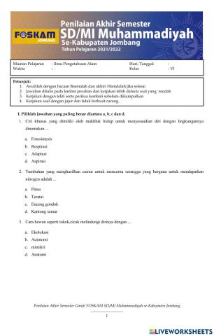 PAS Tema 2 muatan pelajaran IPA