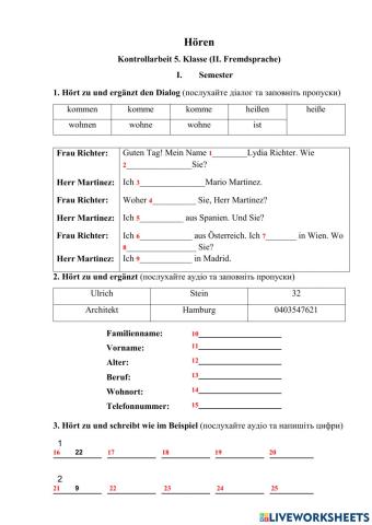 Hören Kontrollarbeit 5. Klasse (II. Fremdsprache)