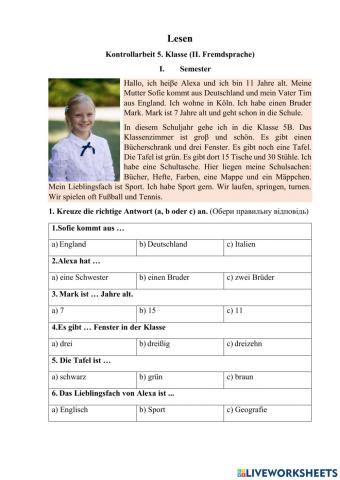 Lesen  Kontrollarbeit 5. Klasse (II. Fremdsprache)