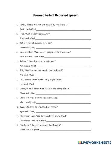 Present Perfect Reported Speech Practice 2