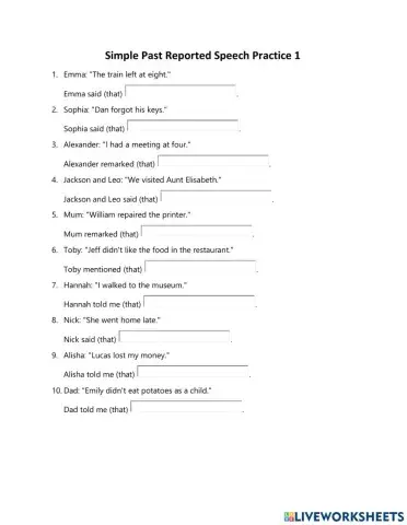Simple Past Reprted Speeech Practice 1