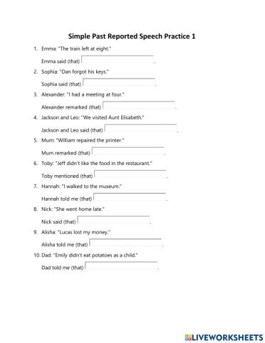 Simple Past Reprted Speeech Practice 1