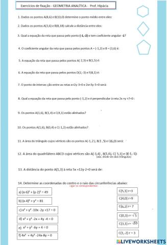 Geometria Analítica Exercícios de fixação