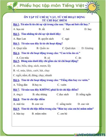 Từ chỉ sự vật, hoạt động, đặc điểm