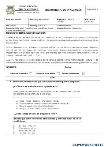 Evaluación Lengua y literatura 7MO