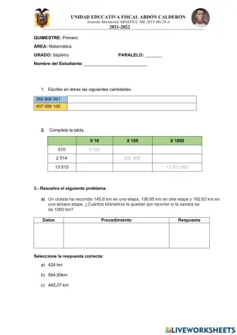 Examen Matemática - Primer Quimestre