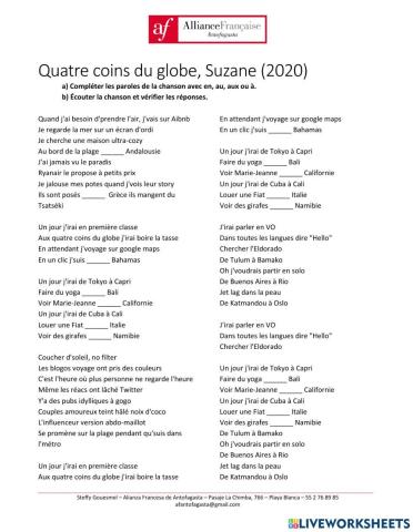 Suzane - Quatre coin du globe - Préposition pays