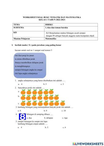 Tematik Kelas 1 Tema 1 - Matematika