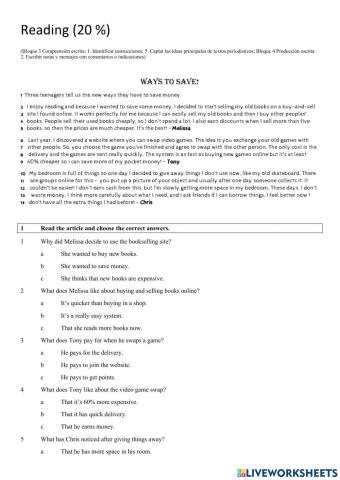 Reading 2 ESO Unit 4 - Money