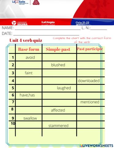 6th grade unit 4 verb quiz