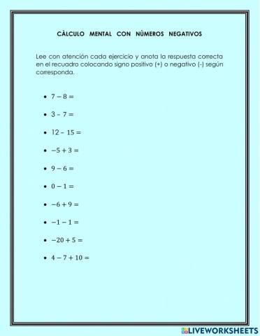 Càlculo mental con nùmeros negativos