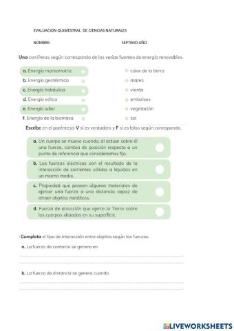 Evaluacion quimestral de ciencias naturales septimo año